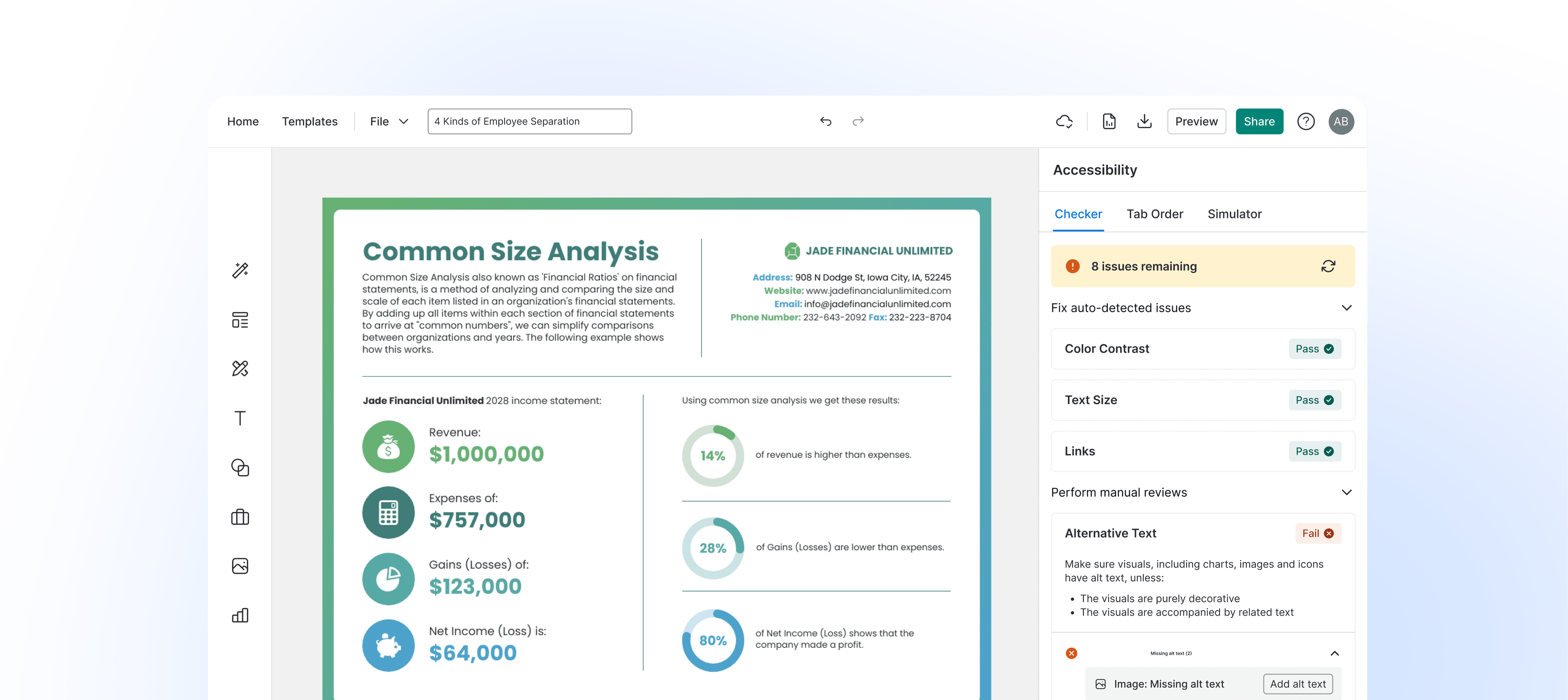 The editor with a Common Size Analysis document and the Accessibility Checker panel showing 8 issues remaining: Color Contrast, Text Size, and Links pass, while Alternative Text fails with two images missing alt text.