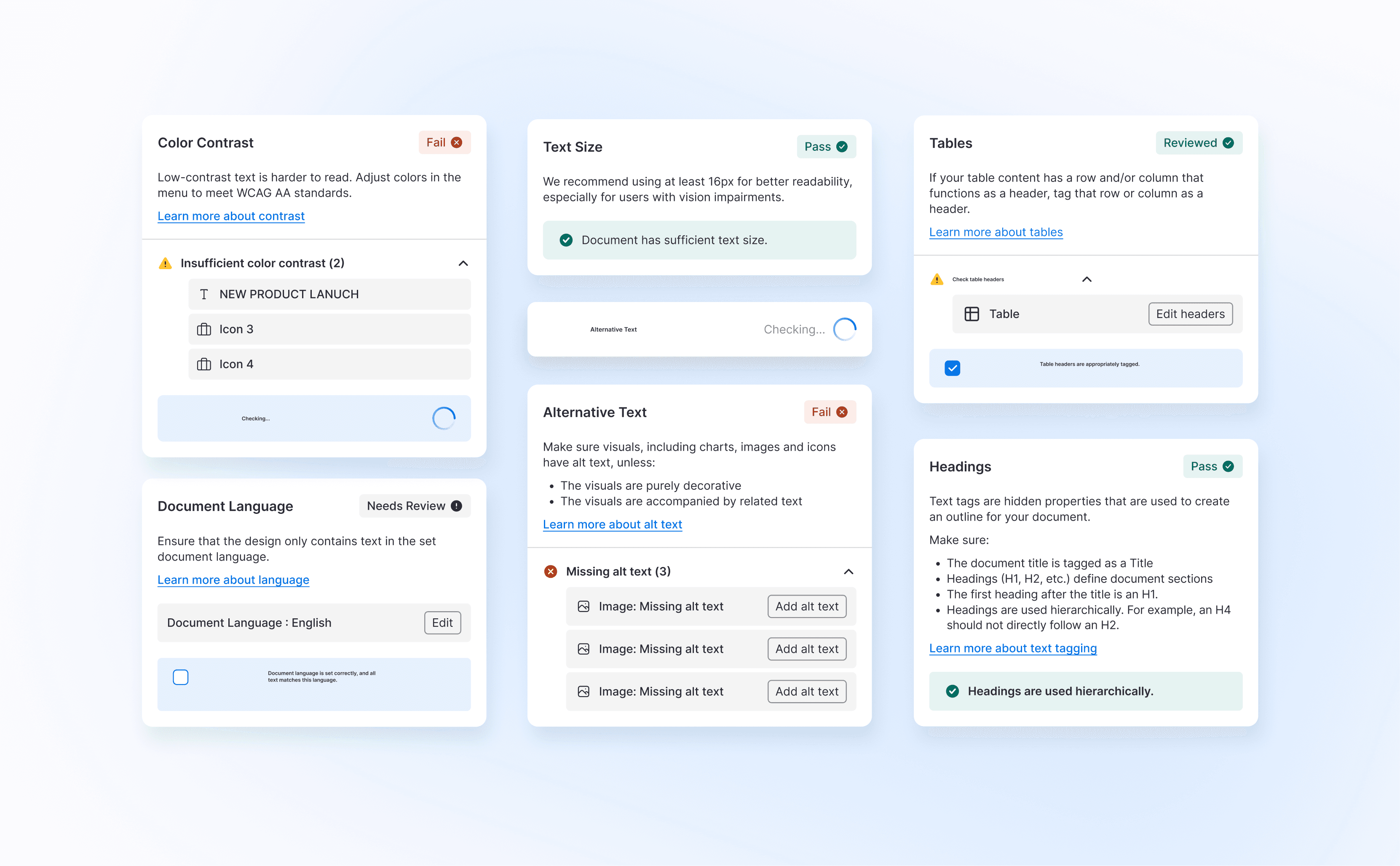 Expanded checker cards: Color Contrast failing with two items, Text Size passing, Alternative Text failing with three images missing alt text, Document Language needing review, Tables reviewed, and Headings passing.