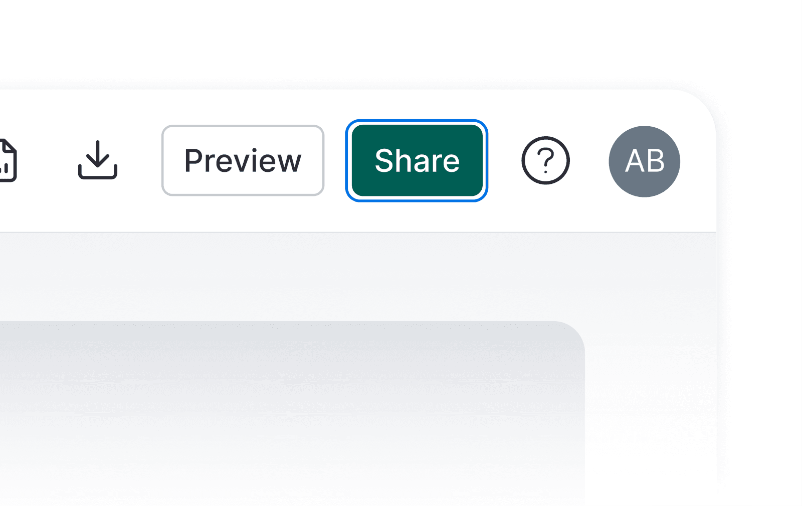 Editor top bar with Download, Preview, and Share buttons, a help icon, and a user avatar. The Share button shows a visible keyboard focus ring.