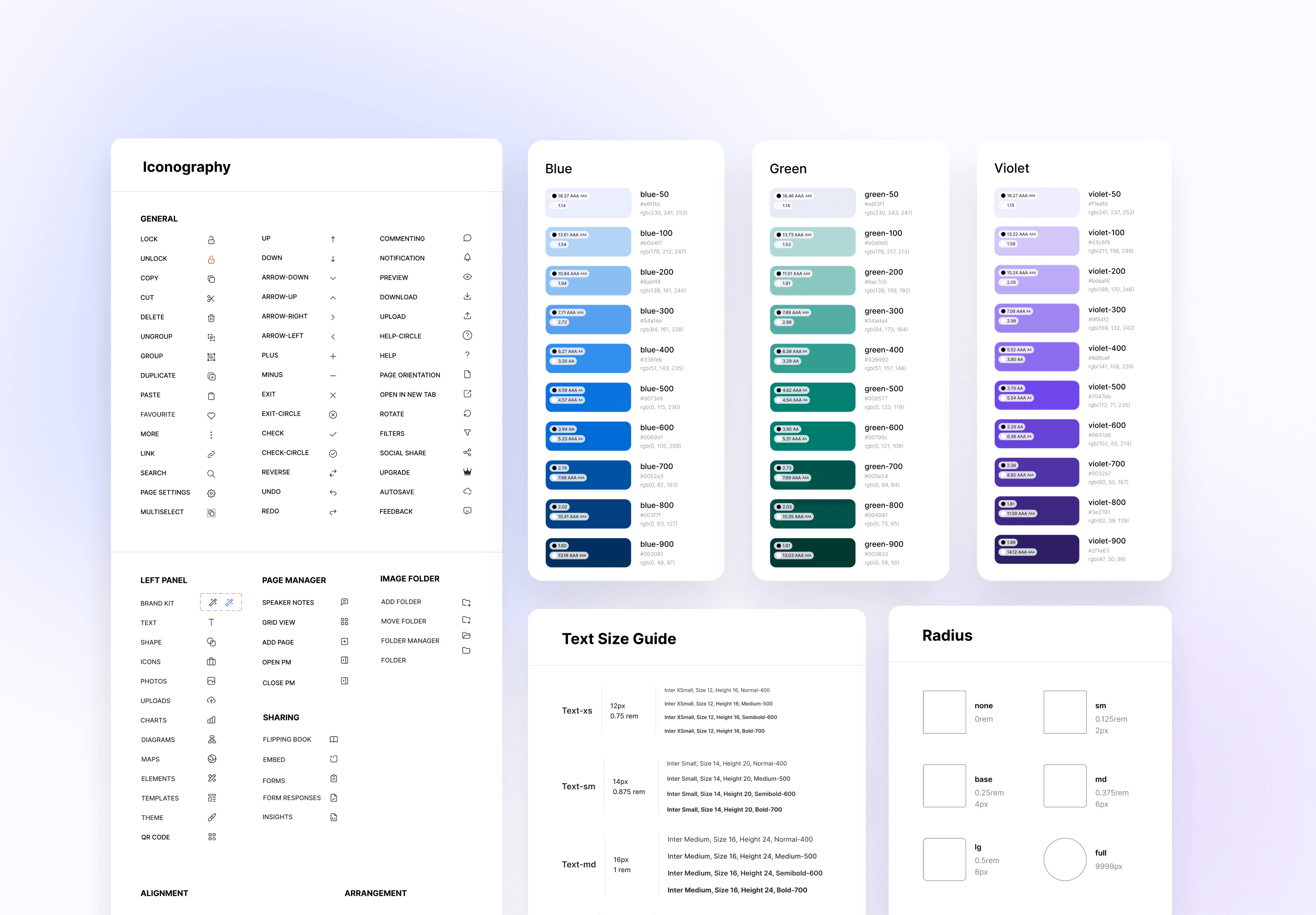 Design system foundations: an iconography set for general, left panel, page manager, and sharing actions; blue, green, and violet palettes from 50 to 900 with contrast labels; a text size guide; and radius tokens.