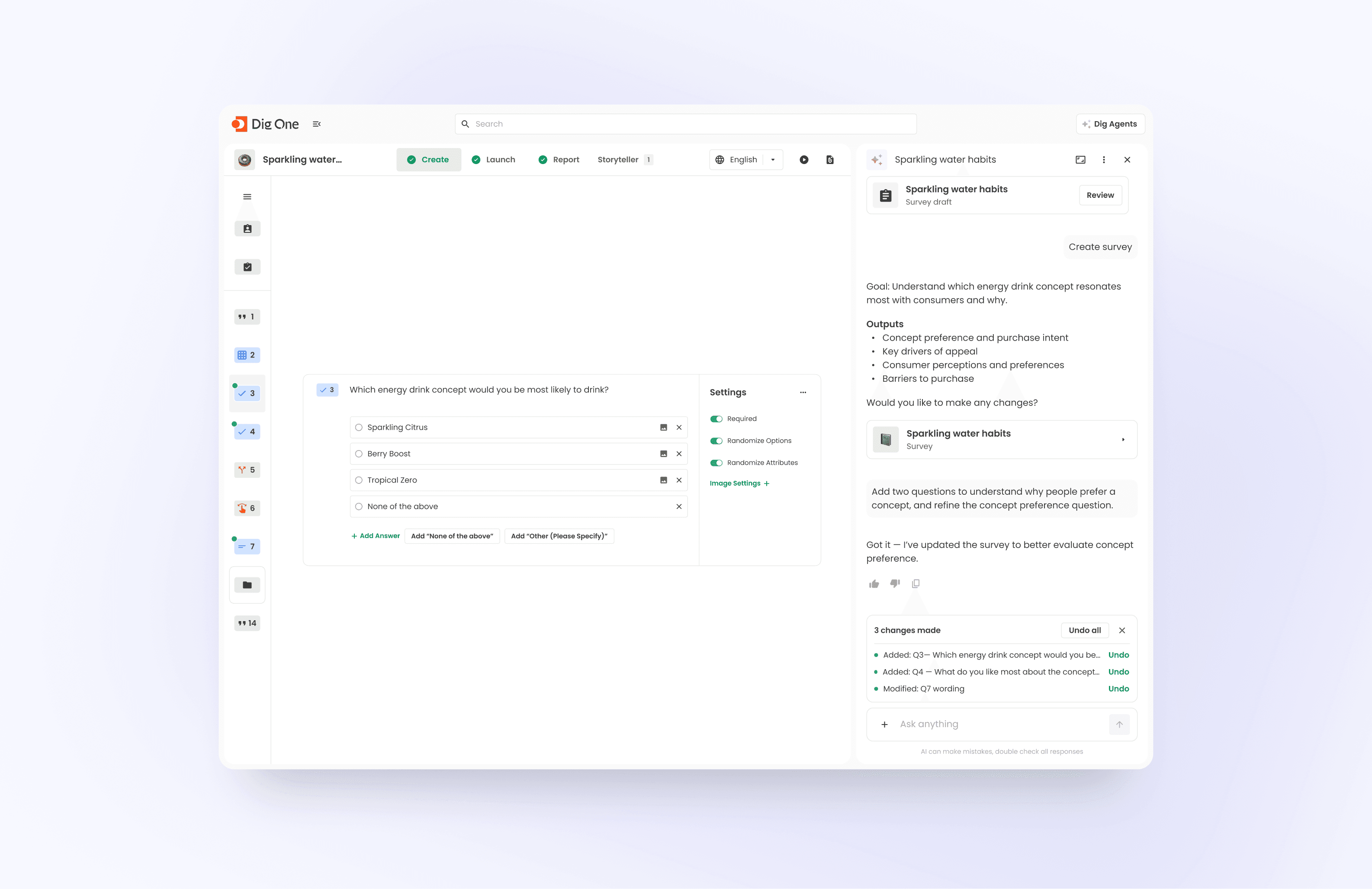 The Dig One survey editor for a sparkling water concept test, with the preference question and its settings open. Dig Agent’s side panel lists three changes it made, each with an undo option.