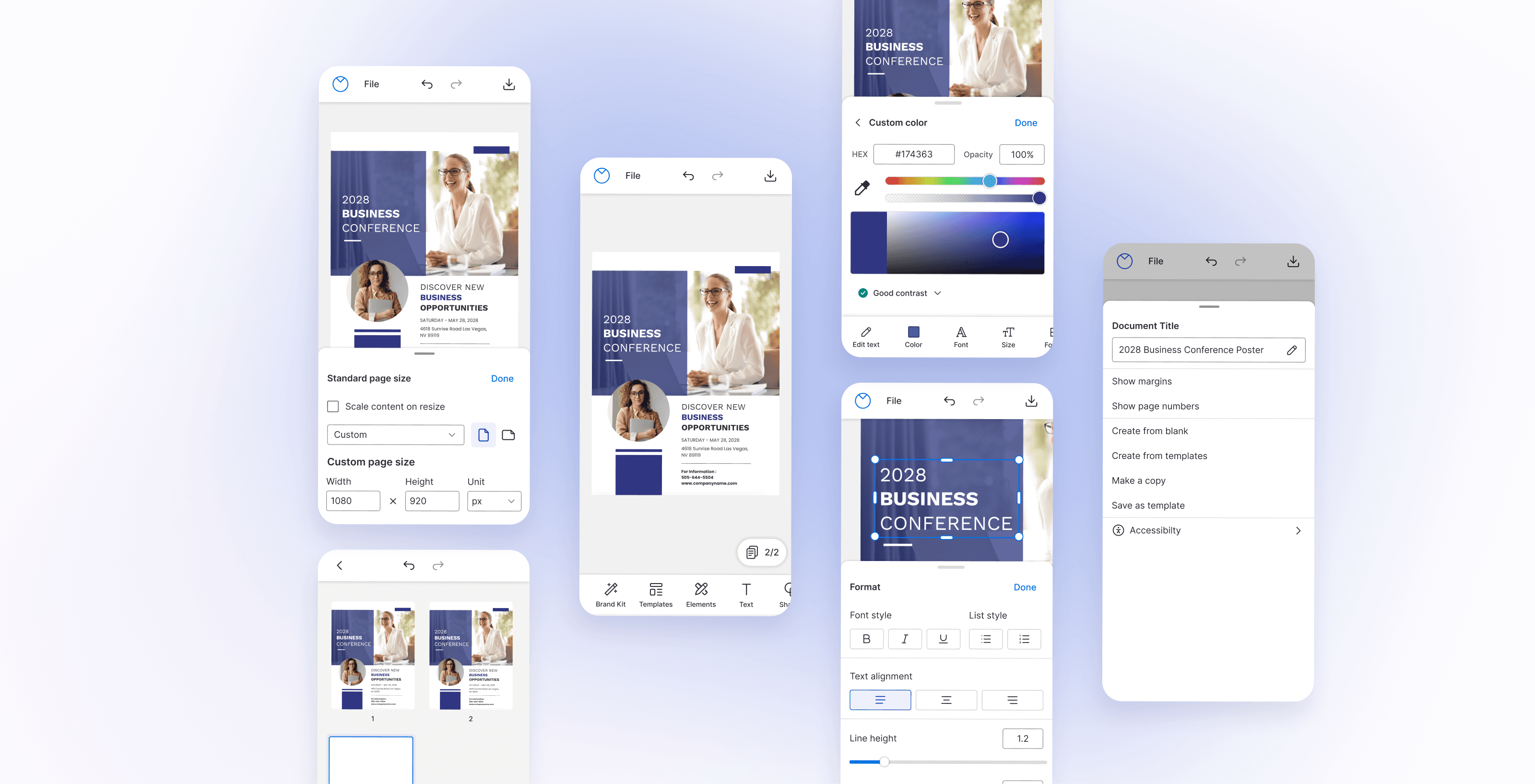 Six mobile editor screens for a business conference poster: page size settings, page thumbnails, the canvas, a custom color picker, text formatting, and a document menu with accessibility settings.