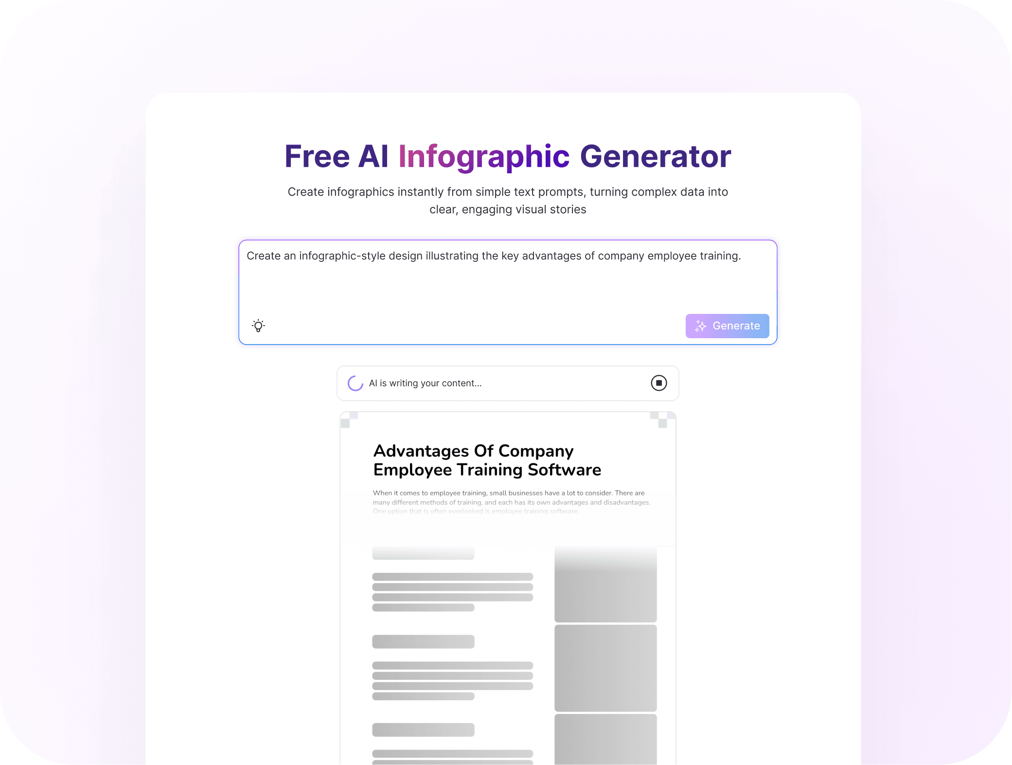 The Free AI Infographic Generator showing “AI is writing your content…” while a skeleton outline of the infographic fills in.