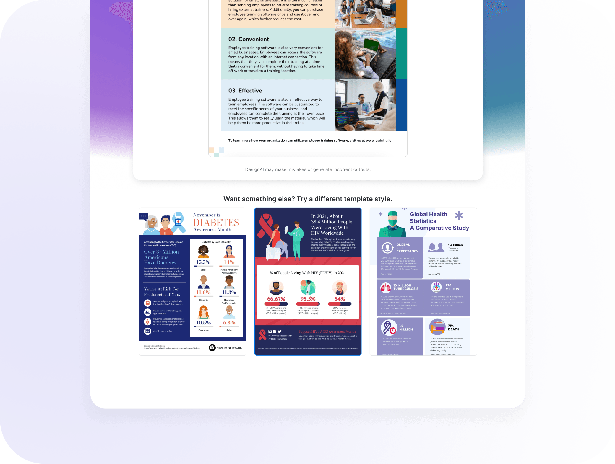 Below a finished infographic, a “Want something else? Try a different template style.” row offers three alternative templates.