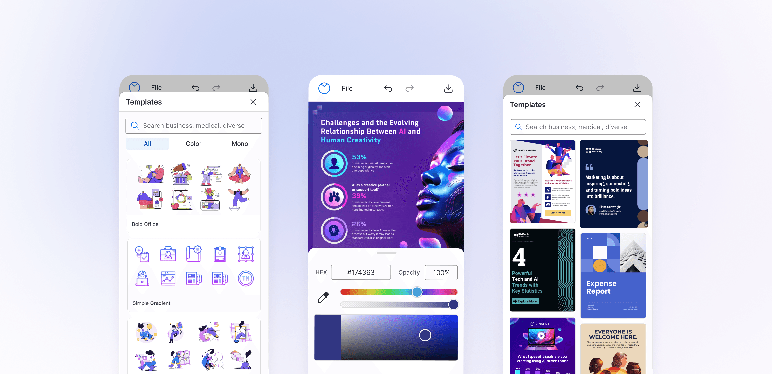 Three phone screens of the Venngage mobile editor: an icon library, a color picker editing an infographic, and a template gallery.