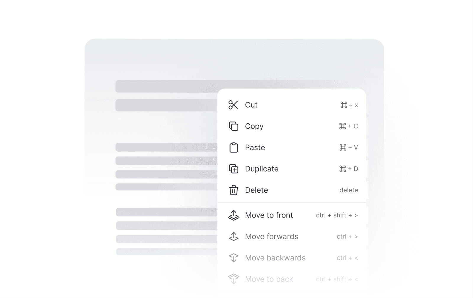Right-click context menu over a document canvas, listing Cut, Copy, Paste, Duplicate, Delete, and layer ordering actions, each with its keyboard shortcut.