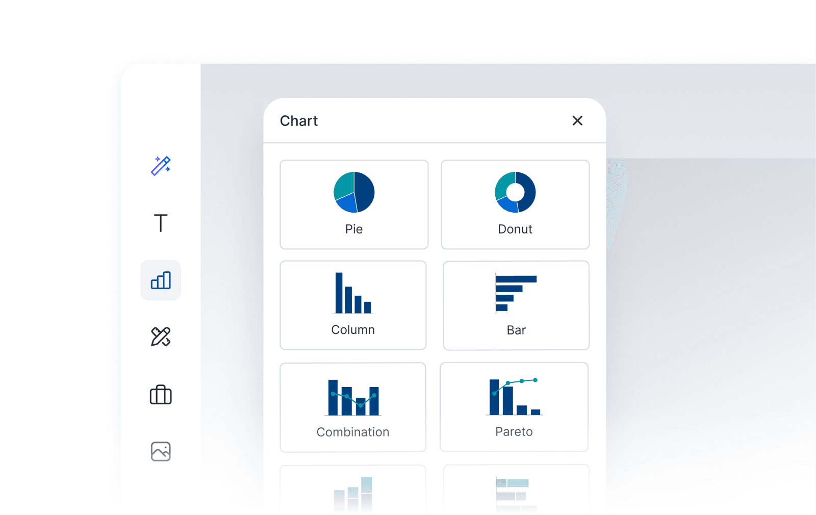 Chart widget panel open in the editor’s left menu, listing chart types such as pie, donut, column, bar, combination, and Pareto.