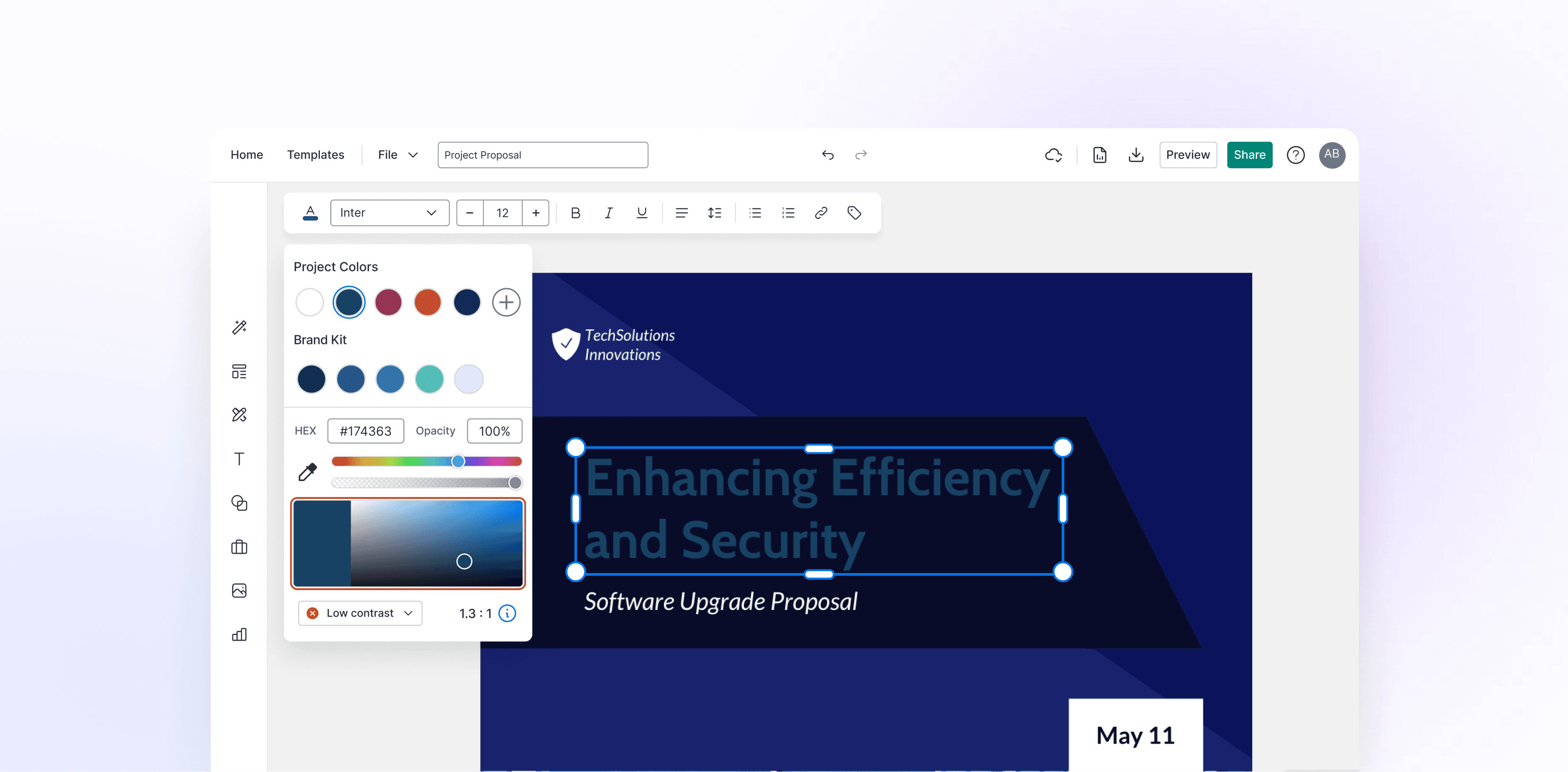 The editor with the color menu open beside a Software Upgrade Proposal design. A selected heading is dark blue on navy, and the picker flags it as Low contrast, 1.3 to 1.