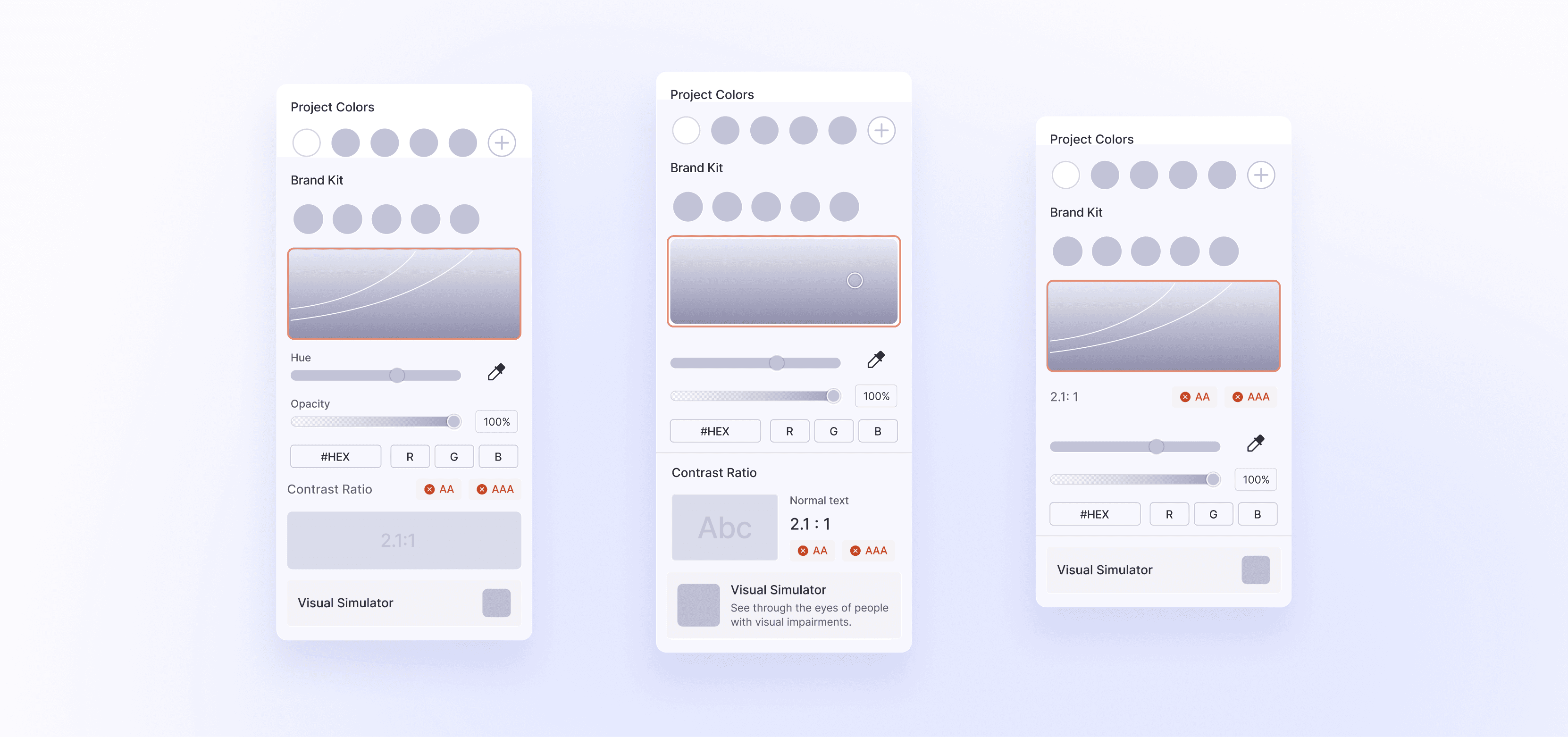 Three wireframe versions of the color menu: one with a contrast ratio row and AA and AAA badges, one with a contrast preview and visual simulator, and one with contrast tags placed right under the picker.