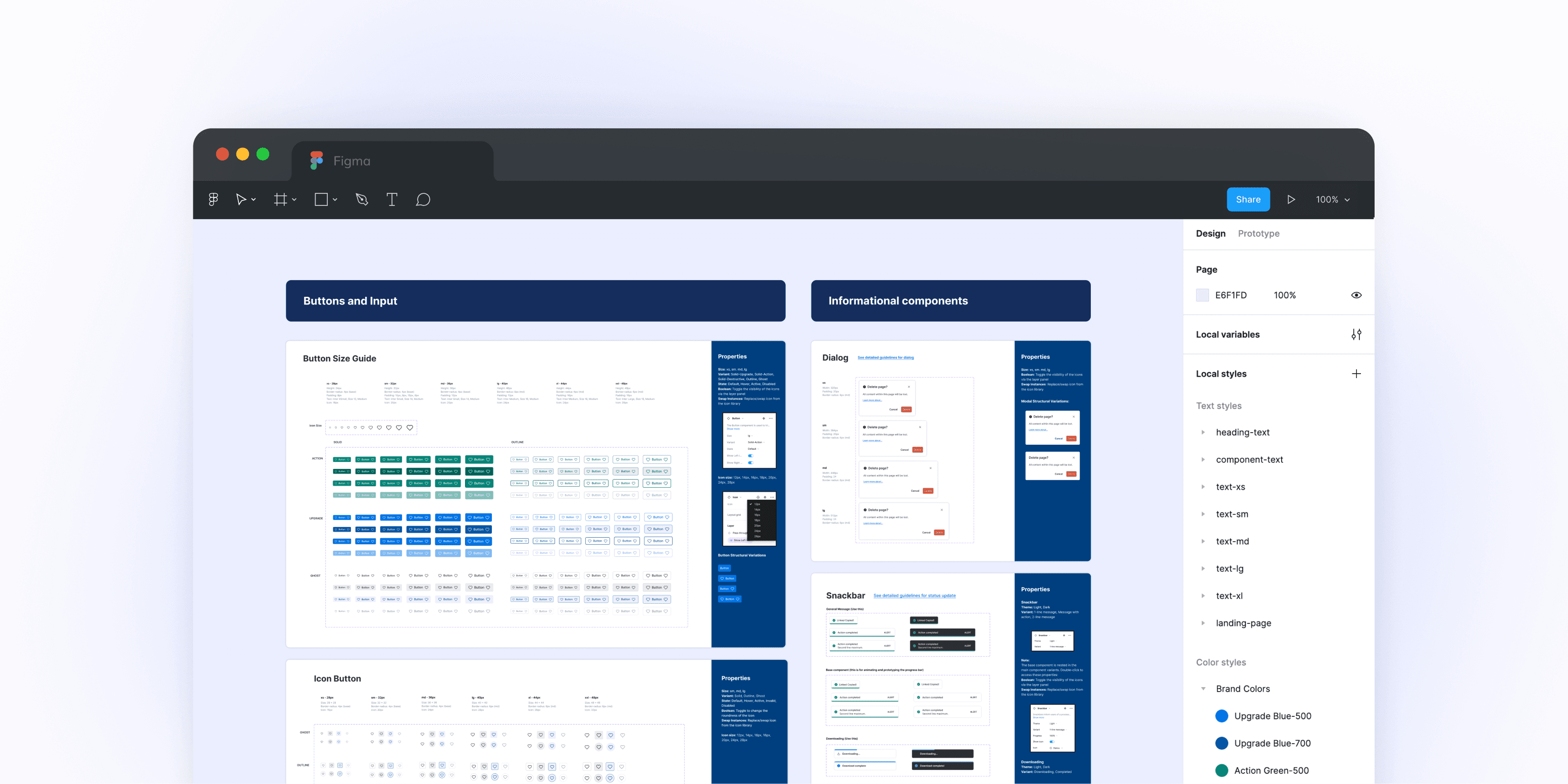The design system in Figma: Buttons and Input specs with button size guides and icon buttons, and Informational components such as dialogs and snackbars, with local text and color styles in the side panel.