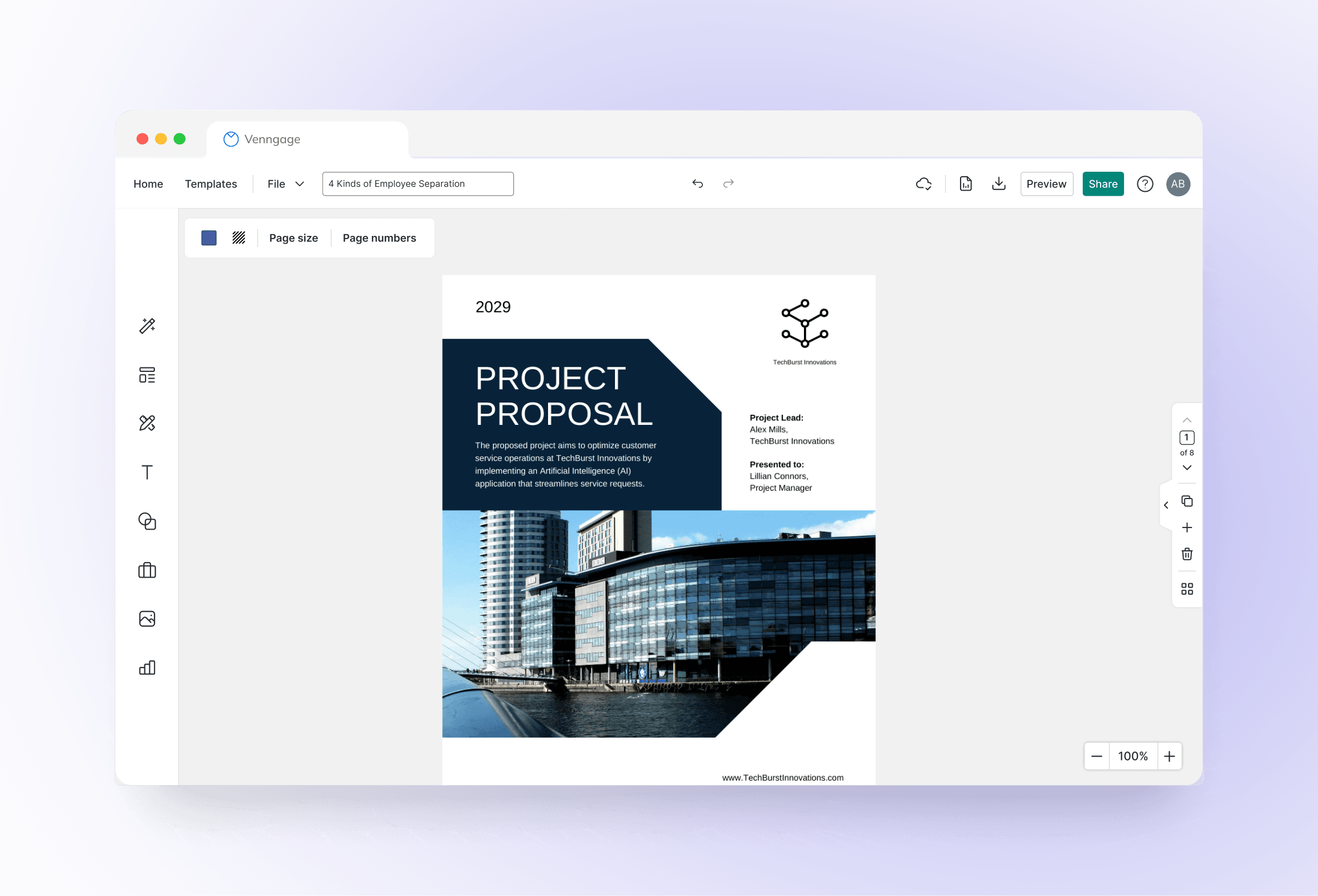 After: the redesigned editor with a light icon rail, a simplified top bar, and the same Project Proposal design on the canvas.