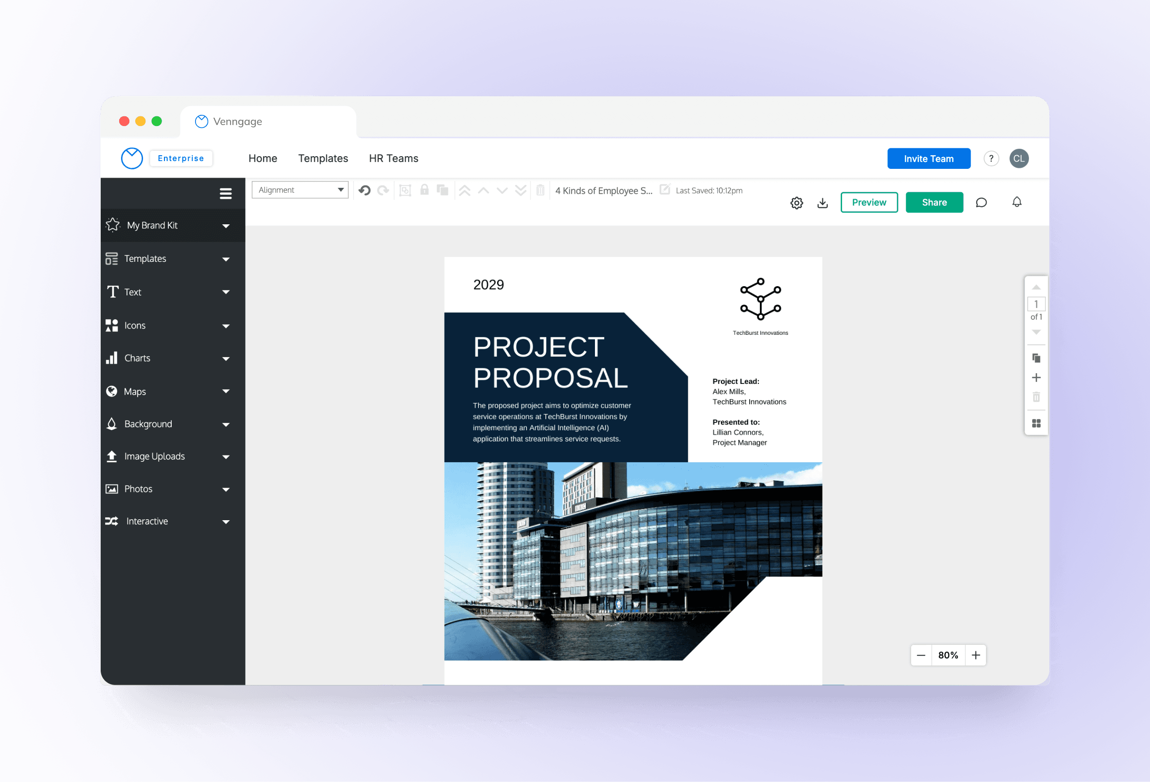 Before: the old editor with a dark, text-heavy left sidebar and a dense toolbar above a Project Proposal design.