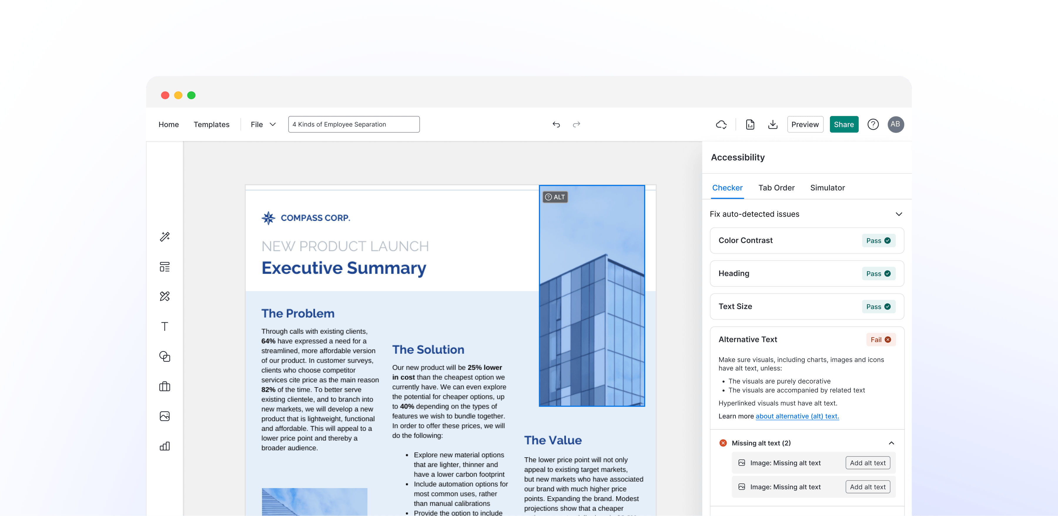 The Venngage editor with an Executive Summary document open and the Accessibility panel alongside it, listing checks such as Color Contrast, Heading, and Text Size as passed and Alternative Text as failed.