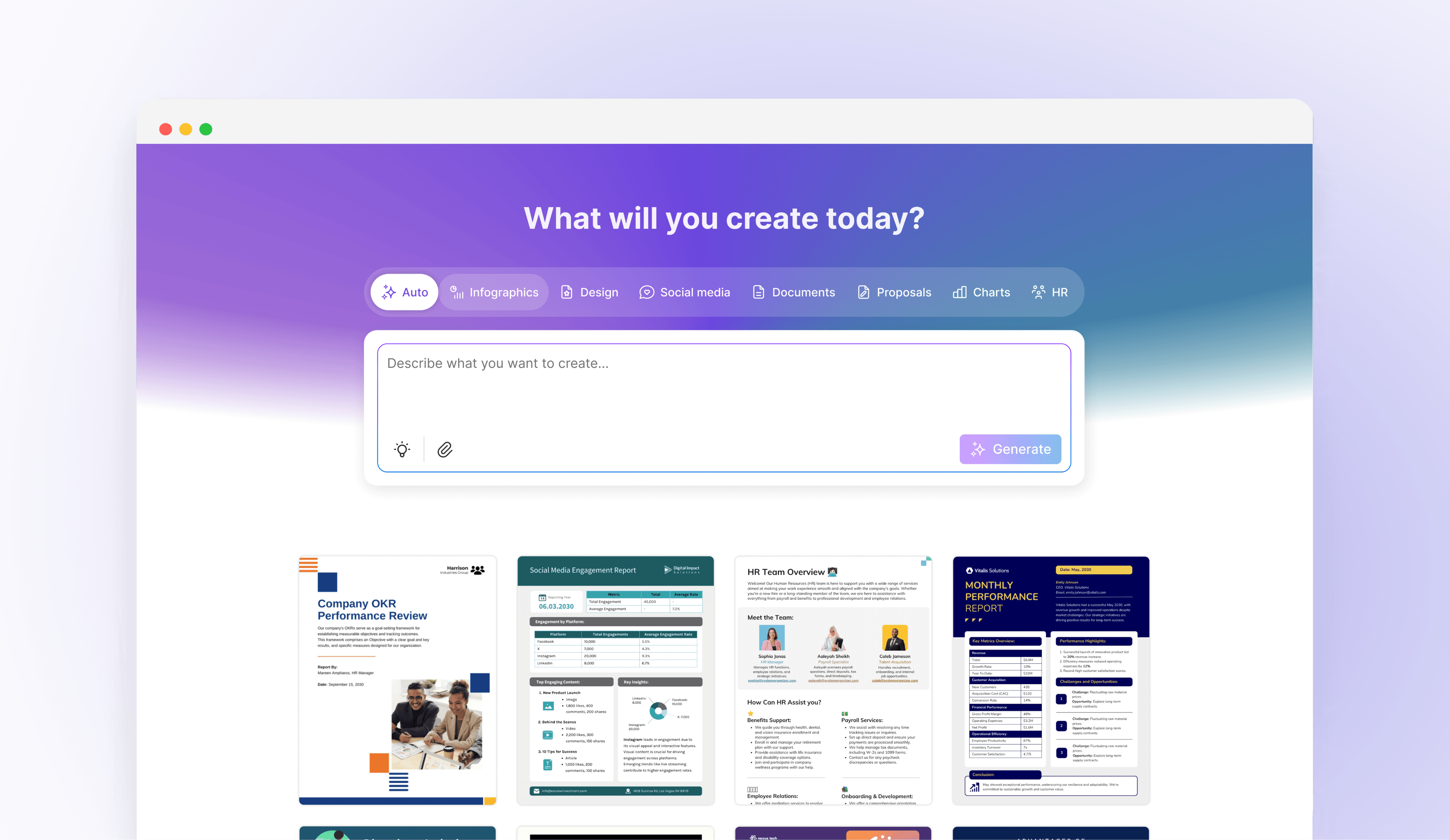 After: “What will you create today?” with category chips, a larger prompt box, and suggested templates below.