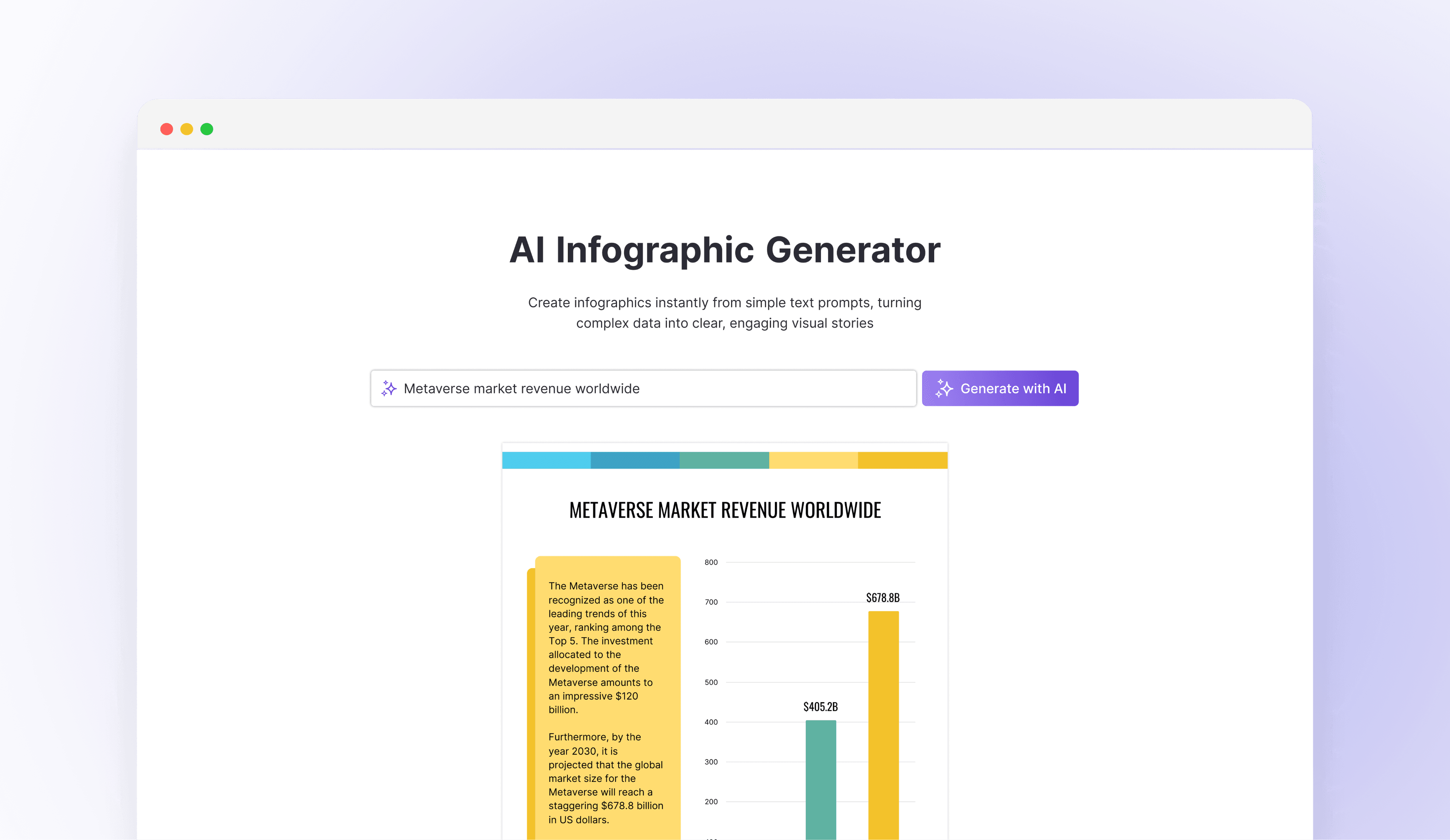 Before: the AI Infographic Generator, a single prompt field and Generate button above a generated metaverse revenue infographic.