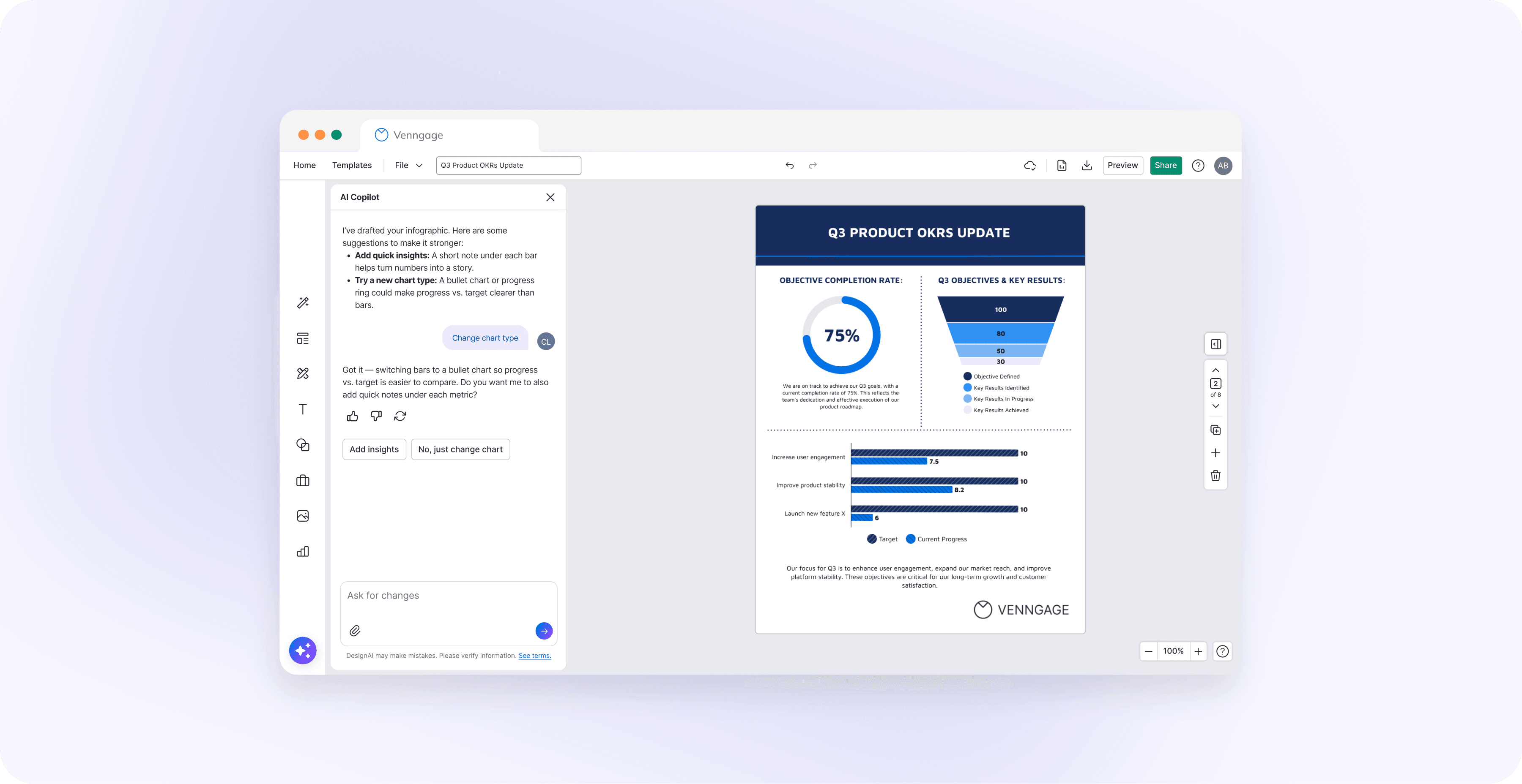The Venngage editor open on a Q3 Product OKRs Update infographic, with the AI Copilot panel suggesting quick insights and a bullet chart, and asking whether to change the chart type.