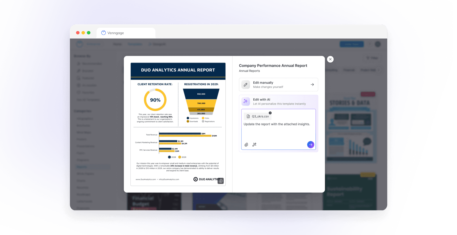 A template preview for a Company Performance Annual Report with two options: Edit manually, or Edit with AI, where the user attaches a CSV and asks AI to update the report with its insights.