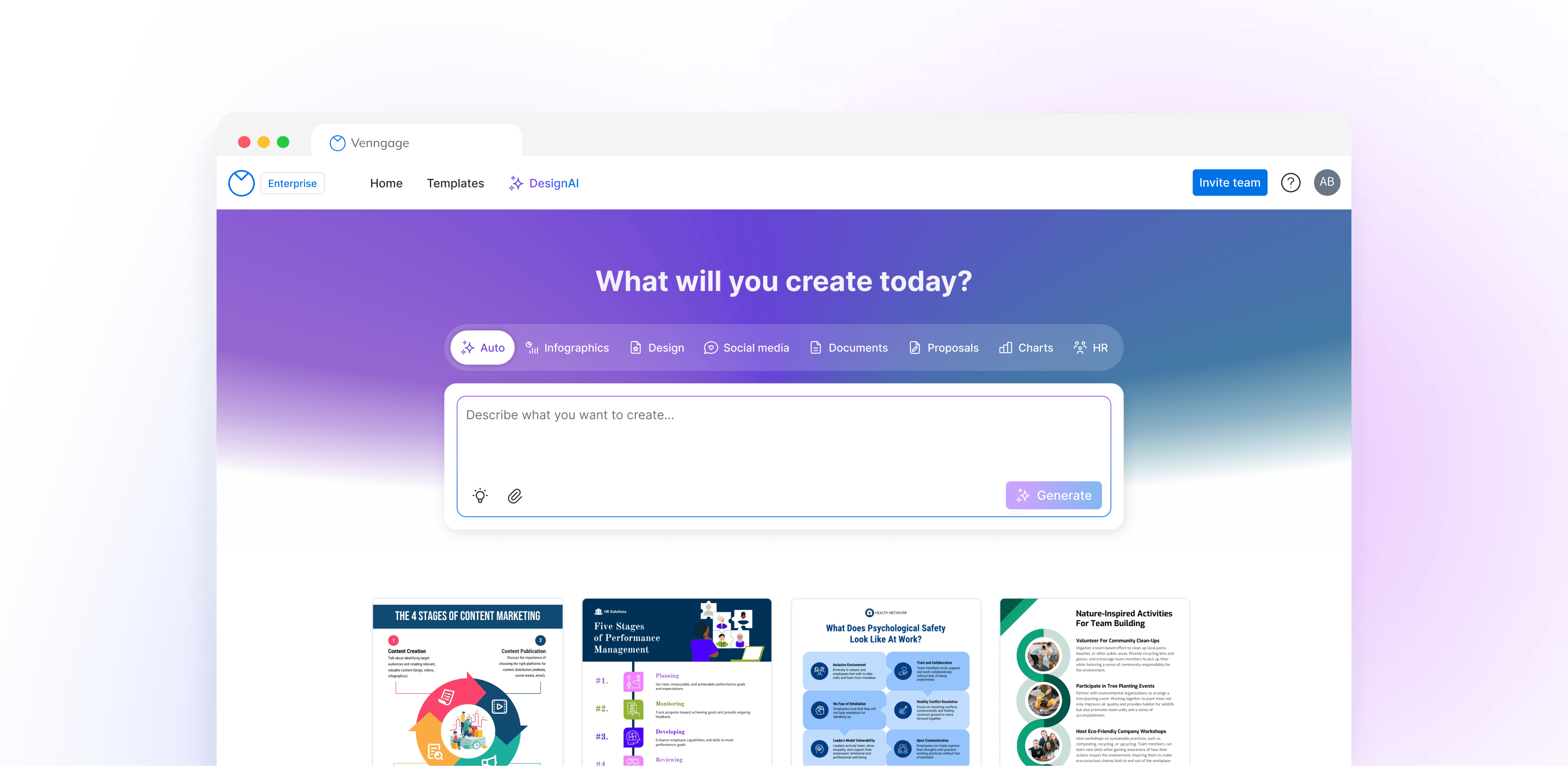 Venngage DesignAI in a browser: a “What will you create today?” prompt box with category chips such as Infographics, Documents, and Charts, above a grid of suggested templates.