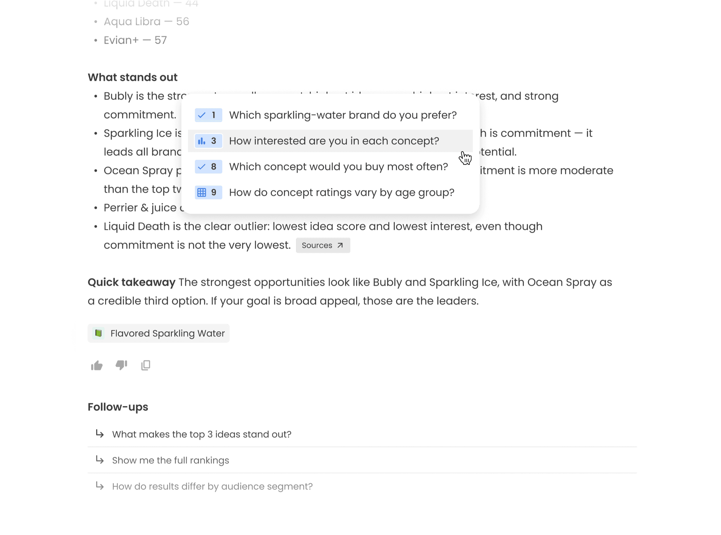 An agent answer about sparkling water brands with a Sources menu open, listing the survey questions that support the insight.
