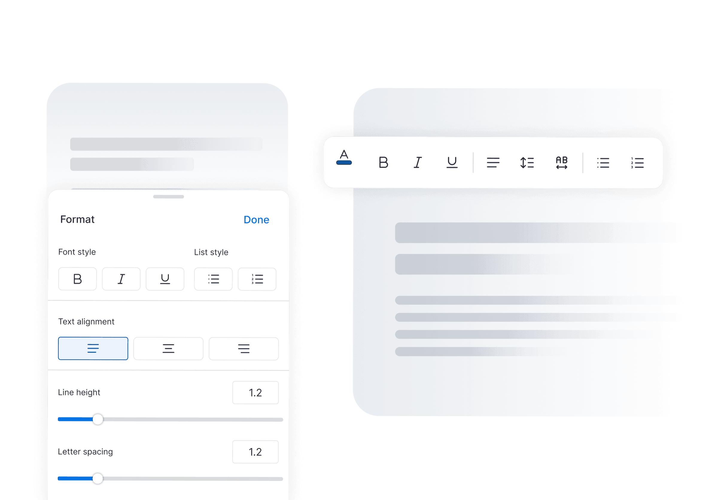 The single-row desktop text toolbar beside its mobile replacement: a Format drawer with large buttons for font style, list style, alignment, line height, and letter spacing.