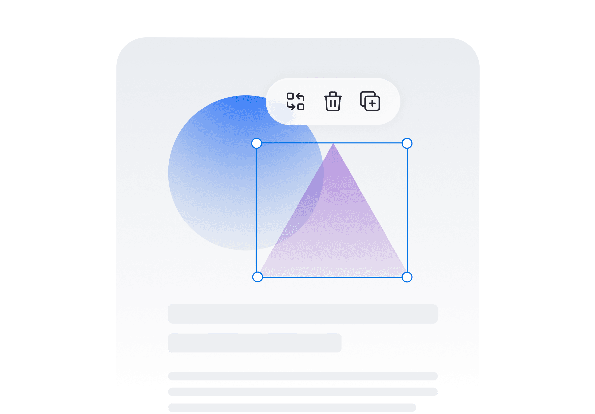A selected triangle on the canvas with a floating menu above it offering replace, delete, and duplicate.