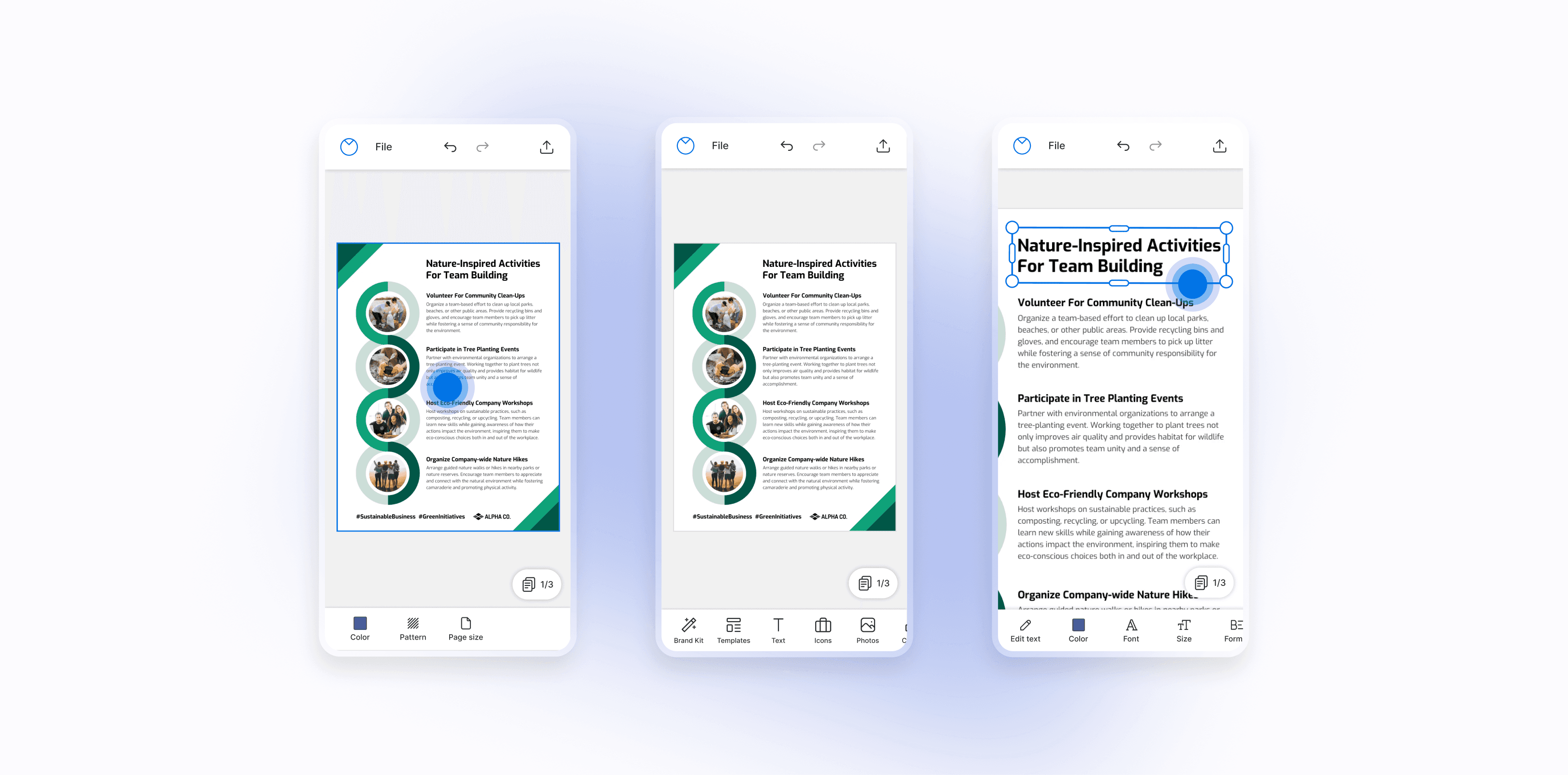 Three phone screens showing touch gestures on a flyer: tapping to select the page, the page at rest, and a text box selected with resize handles while being dragged.